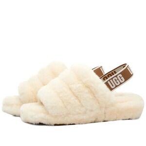 UGG Fluff Yeah Genuine Shearling Platform Slingback Sandal Slide Beige US 6